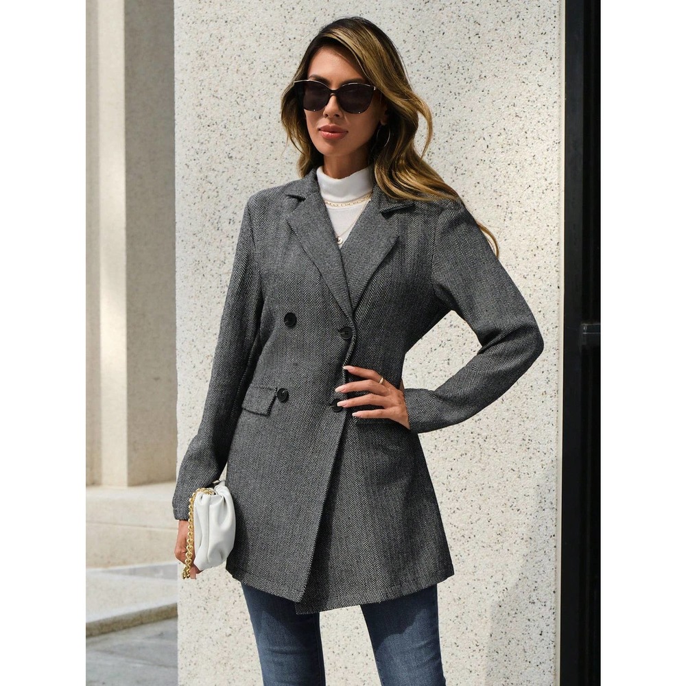 Herringbone Double Breasted Overcoat peacoat pea coat gray preppy - Picture 3 of 6